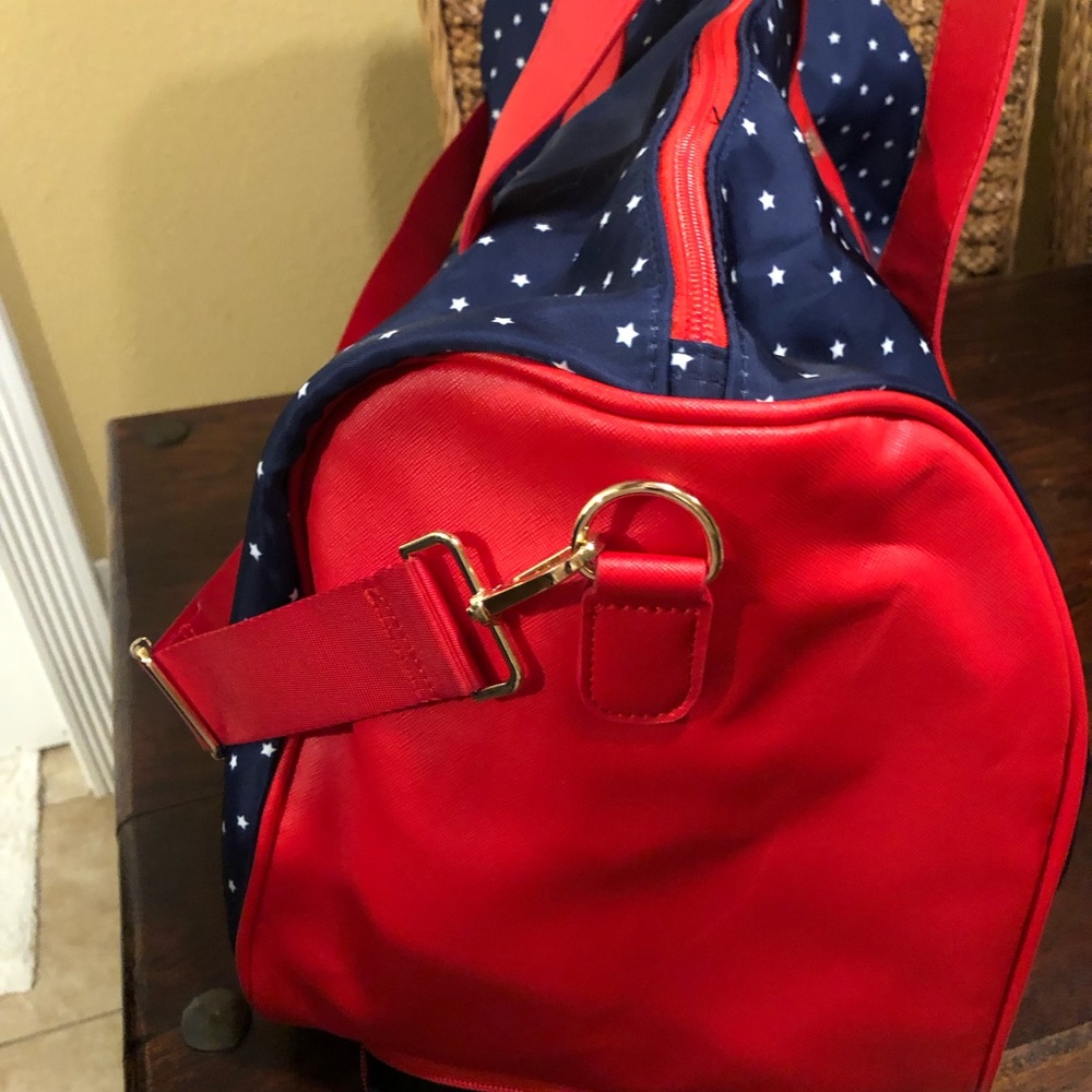 Hello Kitty & Friends Rolling Duffel Bag Navy Red Stars Carry On Luggage Wheels - Picture 3 of 13